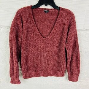 Express burgundy Women's V-Neck half cropped chenille Sweater size small